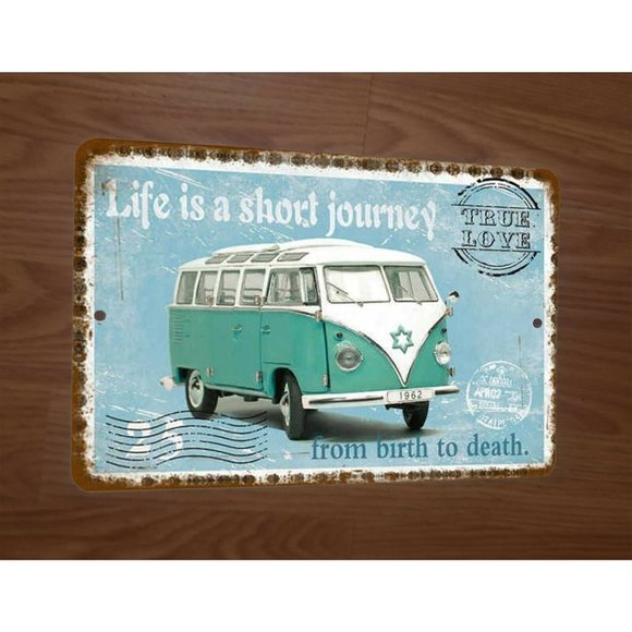 Hippie Van Bus Life is a Short Journey Postcard Art 8x12 Metal Wall Sign - Picture 1 of 1